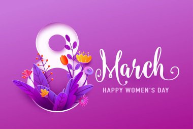 8 Mart, mutlu kadınlar günü 3 boyutlu kağıt kesim stiliyle sancak vektör illüstrasyonunu selamlıyor. Sekiz numara, bahar çiçekleri ve mor arka planda yapraklar.