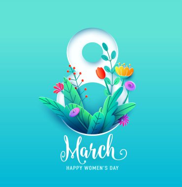 8 Mart, mutlu kadınlar günü tebrik kartı vektör illüstrasyonları 3 boyutlu kağıt kesim tarzıyla. Sekiz numara, bahar çiçekleri ve mavi arka planda yapraklar.