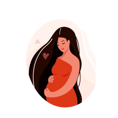 Pregnant woman vector illustration. Pregnancy, childbirth design concept with beautiful girl hugging her big belly. Hearts love symbols. Isolated on white background