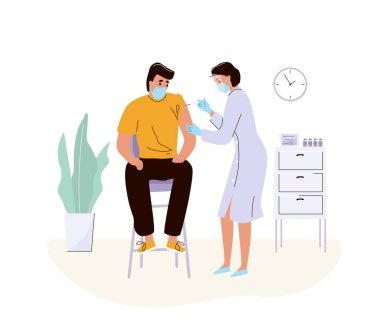Coronavirus aşısı konsept vektör arka planı. Kadın doktor, dokunulmazlık için bir klinikteki erkek hastaya hastalık aşısı yapıyor. Beyaz arkaplanda izole edilmiş.