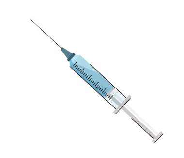 Aşı vektör illüstrasyonunu mavi renkte gösteren şırınga, beyaz arkaplanda izole edilmiş basit düz çizgi film biçimi.