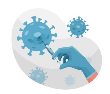 Hemşire, doktor elinde Coronavirus hastalığı aşısı olan bir şırınga tutuyor. Sağlık aşılama kampanyası konsept vektör geçmişini koru. Beyaz arkaplanda izole edilmiş basit, modern düz bir tasarım.