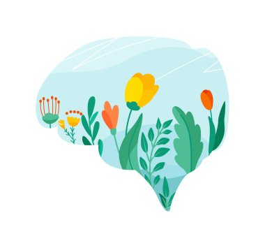 Zihinsel sağlık vektör illüstrasyonu. Pozitif akıl tasarımı konsepti. Çiçekler, yapraklar, gökyüzündeki çiçek elementleri beyin şeklinde.