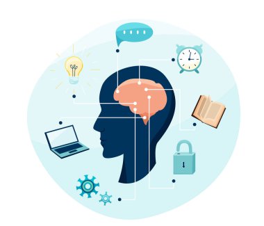 Akıl sağlığı, beyin araştırma vektörü çizimi. Serebrum ve hareket bağlantıları olan siluet, okuma, çalışma, zihin, fikir. Beyaz arkaplanda izole