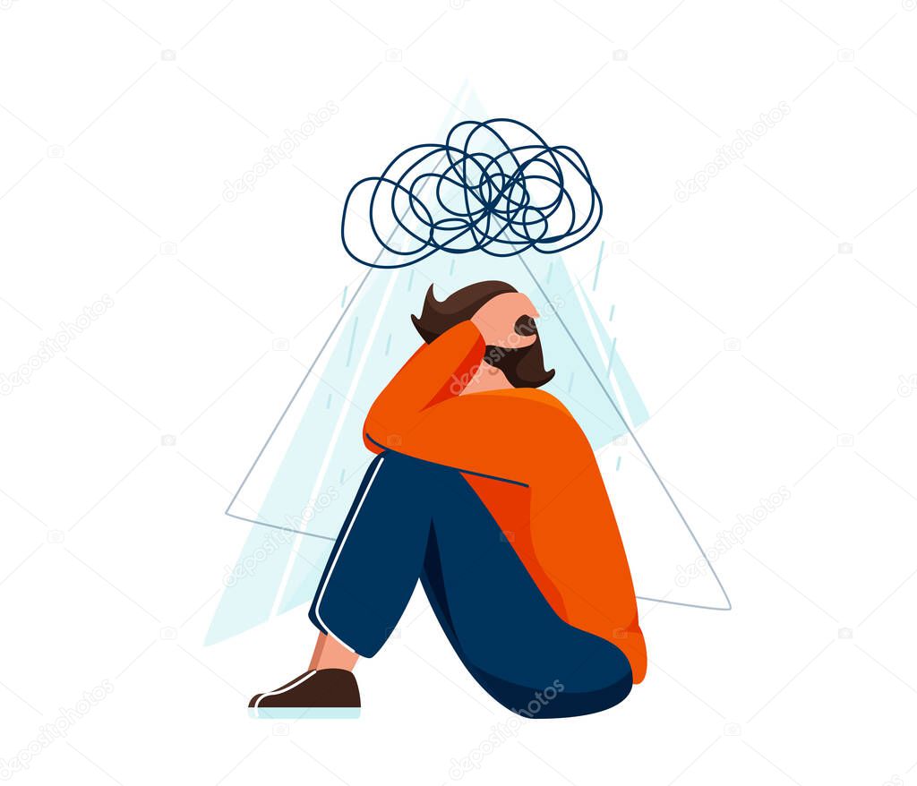Mental health vector illustration. Sad depressed man sitting and holding his head, a cloud of chaos over him. Stress concept in flat simple style isolated on white background