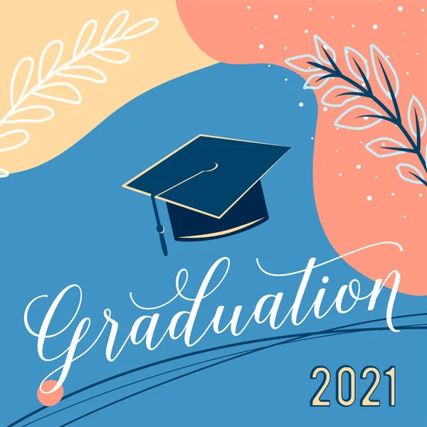 2021年卒業ベクトル背景グリーティングカード。キャップ、植物、ドット、有機形状でお祝いの卒業生のトレンディなデザインイラスト。ミニマル・スタイルの現代美術 — ストックベクタ