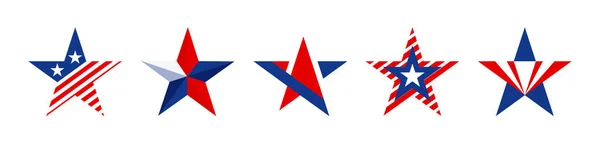 Σχήματα αστεριών σε κόκκινο μπλε και λευκό χρώμα για αμερικάνικο design που απομονώνεται σε λευκό φόντο. Συλλογή πατριωτικών λογότυπων, σημάτων — Διανυσματικό Αρχείο