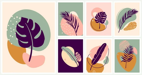 추상적 인 열 대 식물 카드 세트. 이국적 인 잎, 줄, 현대의 유체 형태의 유기 포스터. 미니멀리즘적 미술 디자인 — 스톡 벡터