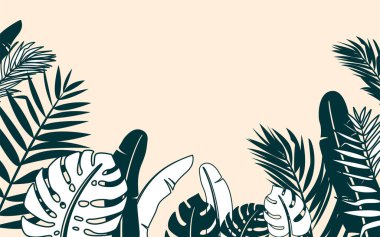 Tropikal ağaç yaprakları, muz, canavar, palmiye ve günbatımı gökyüzü ile orman bitkisi sınır çizimi. Metin için kopyalama alanı olan basit, modern düz bir arkaplan