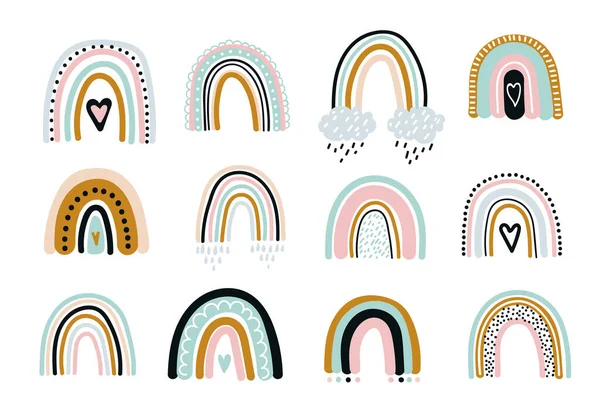 かわいい虹のベクトルは、赤ちゃんのパターン印刷のための心、滴、雲や他のデザイン要素と背景を設定します。白に隔離されてる。素朴なスカンディナヴィアのフラットスタイルで — ストックベクタ