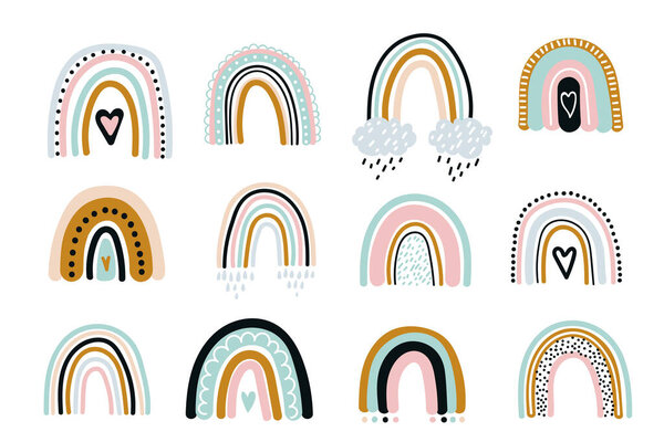 Cute rainbow vector set background with hearts, drops, clouds and other design elements for baby pattern print. Isolated on white. In simple naive scandinavian flat style