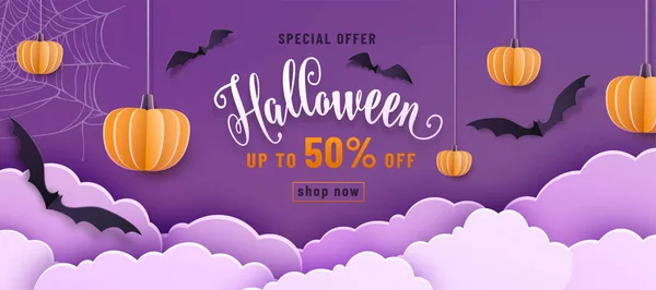 Happy Halloween vector banner illustration or party invitation background with sale offer text sign, night clouds, pumpkins, spider web and bats in 3d paper cut style — Image vectorielle