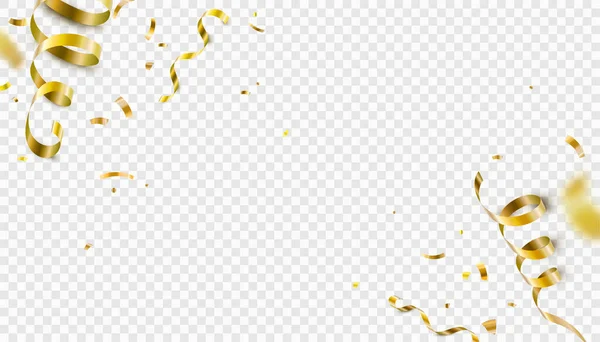 Confetti d'oro cadenti, nastri a serpentina isolati su fondo vettoriale trasparente. Glitter tinsel, lucido cornice stelle filanti d'oro, bordo in stile realistico 3d per compleanno, festa, design di carnevale — Vettoriale Stock