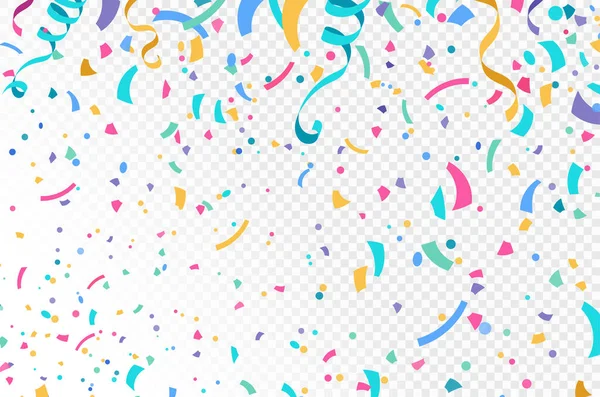 Kleurrijke vallende confetti, serpentine linten geïsoleerd op transparante vectorachtergrond. Heldere streamers, tinsel vector patroon in eenvoudige platte cartoon moderne stijl voor verjaardag, feest, carnaval — Stockvector