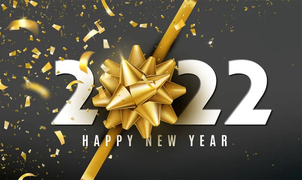 2022 Feliz Ano Novo fundo vetorial com arco presente de ouro, confete, números brancos. Natal comemorar o design. Modelo de conceito premium festivo para férias — Vetor de Stock