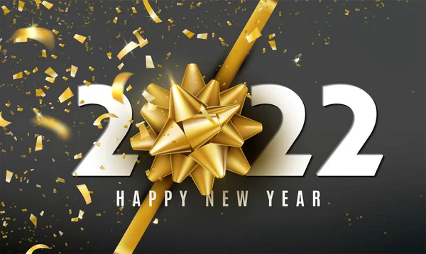 2022 년 Happy New Year vector background with golden gift bow, confetti, white numbers. 크리스마스 축하연 디자인. 휴일을 위한 Festive 프리미엄 컨셉트 템플릿 — 스톡 벡터