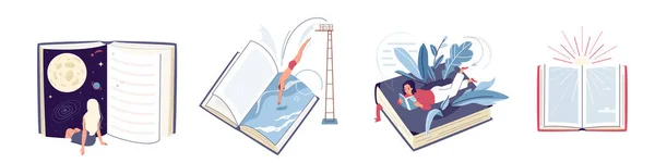 Read book concept design set vector illustration. Collection of man and woman reading literature, immersing at space world, sea. Isolated on white background in simple flat minimal style — Stock Vector