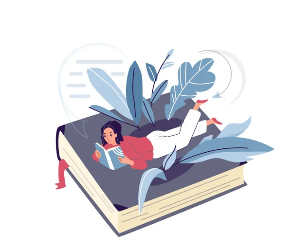 책에 누워 책을 읽는 젊은 여성 이 식물 과 나뭇잎을 둘러싸고 있었습니다. 서적을 들고 있는 여성 독자. 공부, 교육 벡터 일러스트 단순 한 편평 한 스타일 로 — 스톡 벡터