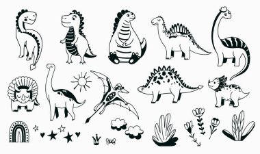 Hayvan bebek dinozorlar ve tasarım elementleri olan dino şirin ikon vektör çizimi taslak çizim tarzı ışık arka planda izole edildi. Çocuk karakter canavarları havalı çocuk resimleri için