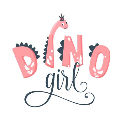 Dino kız vektör çizimi. Beyaz arka planda izole edilmiş şirin dinozor kafası olan el yazısı pembe metin sloganı