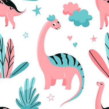 Şirin dinozorlar yıldızlı, çiçekli, yapraklı, bulutsuz vektör desenli. İskandinav tarzında havalı çocuk baskı tasarımı