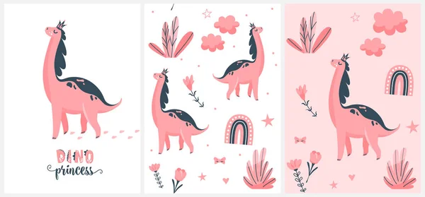 Set di illustrazioni vettoriali dino rosa carino. Piccolo dinosauro, la sua impronta con dolce testo principessa isolato su sfondo bianco. Modelli senza cuciture con animali, elementi floreali, fiore, arcobaleno, nuvola — Vettoriale Stock