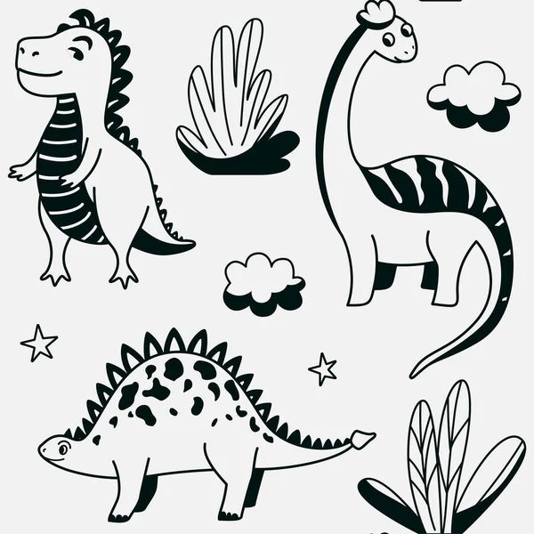 Mignons dinosaures motif vectoriel sans couture avec contour graphique dino, feuilles, nuage, étoile sur fond gris. Conception d'impression de pépinière pour enfants cool dans un style scandinave — Image vectorielle