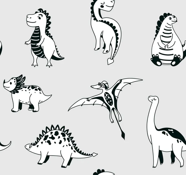 Dinossauros bonitos padrão vetorial sem costura com dino gráfico em fundo cinza. Projeto legal da impressão do berçário da criança no estilo escandinavo —  Vetores de Stock
