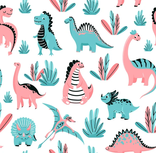 Söta dinosaurier sömlös vektor mönster med baby dino och blommiga element. Cool unge plantskola print design i skandinavisk stil isolerad på vit bakgrund — Stock vektor