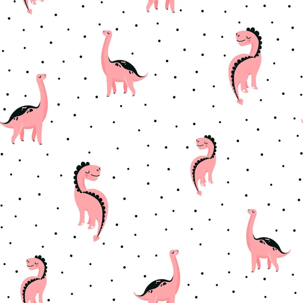 Söta rosa dinosaurier sömlös vektor mönster med prickar. Cool unge plantskola dino print design i skandinavisk stil isolerad på vit bakgrund — Stock vektor
