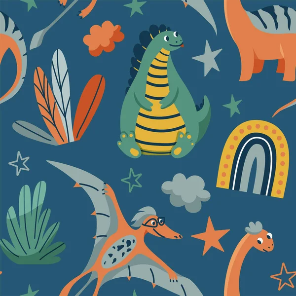 Cute dinozaury bezszwowy wzór wektor z jasnym dino kolor, liście, chmura, tęcza, gwiazda na ciemnoniebieskim tle. Fajne dziecko przedszkole wydrukować projekt w stylu skandynawskim — Wektor stockowy