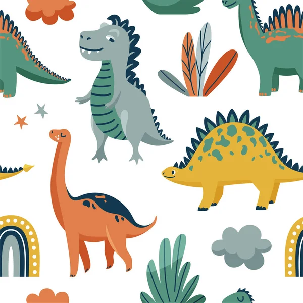 Mignons dinosaures motif vectoriel sans couture avec couleur vive dino, feuilles, nuage, arc-en-ciel, étoile sur fond blanc. Conception d'impression de pépinière pour enfants cool dans un style scandinave — Image vectorielle
