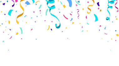 Konfeti ve serpentin kurdele vektör arka planı beyaz arka planda izole edilmiş, tepeden düşüyor. Düz modern basit tarzdaki şenlikli illüstrasyon