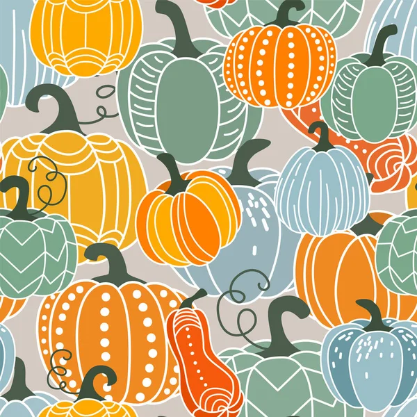 Illustration vectorielle de motif sans couture citrouille. Gourdes en style plat doodle moderne et simple. Pour Thanksgiving, Halloween, conception de récolte d'automne — Image vectorielle