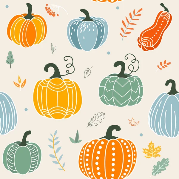 Illustration vectorielle de motif sans couture citrouille. Gourdes dans un style plat doodle moderne simple avec des éléments floraux. Pour Thanksgiving, Halloween, conception de récolte d'automne — Image vectorielle