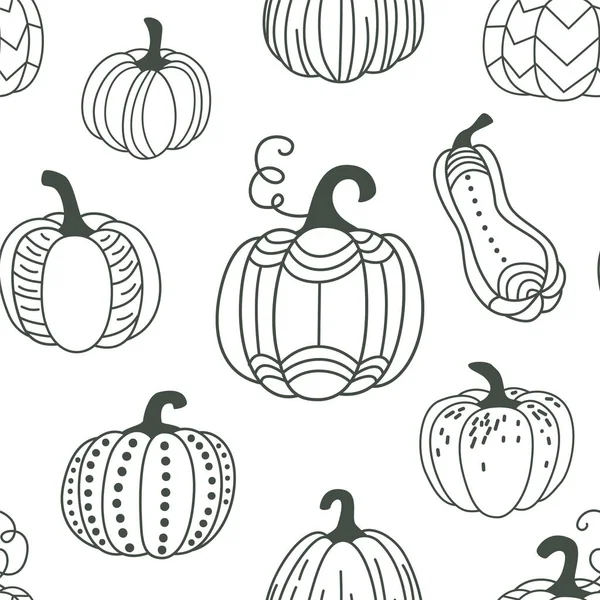 Calabaza sin costura patrón vector ilustración. Calabazas en estilo doodle plano simple y moderno. Para Acción de Gracias, Halloween, diseño de cosecha de otoño — Vector de stock