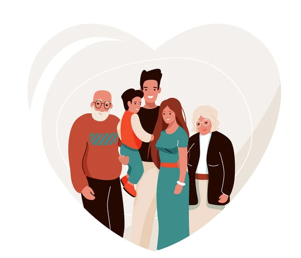 Счастливая семейная векторная иллюстрация в форме сердца. Отец, мать, дедушка, бабушка, ребенок обнимают друг друга. Изолированный на белом фоне — стоковый вектор