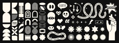 Abstract geometric shapes set vector illustration. Monochrome graphic design elements with retro line, simple form, figure, arch, flower, smiley, hand. Trendy cartoon flat stickers, brutal aesthetic.