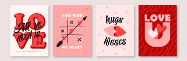Aşk arkaplan çizimi vektör çizimi. Kalpli sevgililer günü kartların, daktilo mesajların, öpücüklerin, tic-tac-toe, okun var. Asgari sanat retro modern tarzında davetiye soyut tasarım.