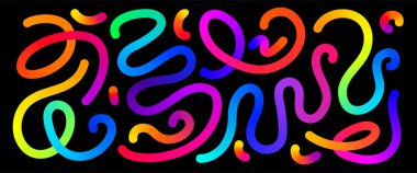 Renk çizgileri vektör arkaplan kümesi. Siyah arkaplan üzerindeki soyut renkli sıvı gradyan çizgileri. Modern sanat deseni, enerji, canlı tasarım, parti ve ilham.