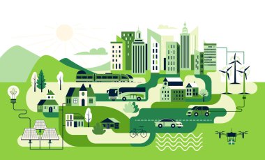 Yenilenebilir enerji kaynakları vektör illüstrasyonuna sahip sürdürülebilir yeşil şehir manzarası. Güneş panelleri, rüzgar türbinleri, elektrikli arabalar, akıllı şehirde toplu taşımacılık yapan çevre dostu kentsel çevre.