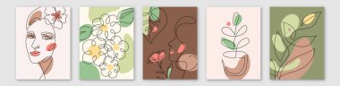 Çizgi sanatçısı kadın yüzü ve botanik posterleri vektör illüstrasyonunu hazırlıyor. Kadın portrelerinin, çiçeklerin ve yaprakların doğa renginde organik soyut şekillerle sürekli çizimleri asgari düzeyde..