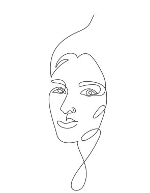 Kadın, bir çizginin sanat vektörü illüstrasyonuna bakıyor. Kadın portresinin minimalist sürekli çizimi. Güzellik salonu, kaplıca ve moda markası için zarif bir tasarım..
