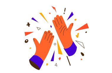 Çak bir beşlik vektör illüstrasyonu. Takım çalışması başarısı, ortaklık ve kutlama konsepti. Soyut eller, başarı ve işbirliği için canlı geometrik şekillerle hareket ederler.