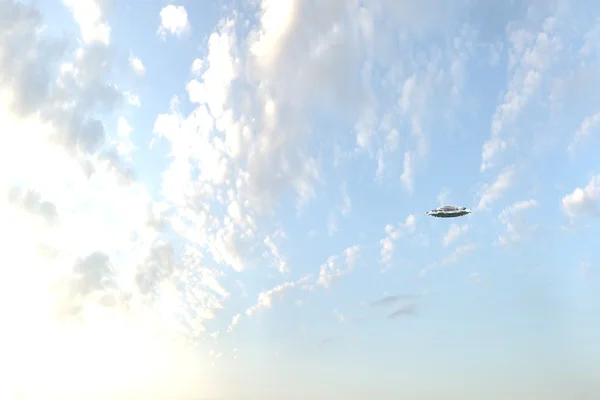 Bulutlar hareket ile gökyüzü uçan daire Ufo. Güzel 3d render