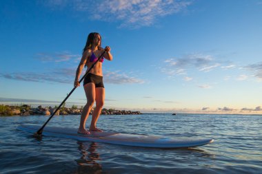 Woman stand up paddleboarding at sunrise clipart