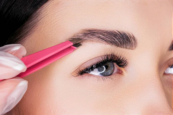 Browist Fait Correction Des Sourcils Avec Une Pince Épiler Photos De Stock Libres De Droits