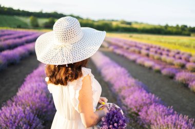 Lavanta tarlasında düğün gününde güzel gelin. Lavanta çiçekli yeni evli kadın. Gelinlikli genç bayan açık havada..