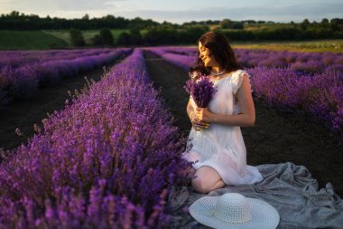 Lavanta tarlasında düğün gününde güzel gelin. Lavanta çiçekli yeni evli kadın. Beyaz elbiseli, lavantalı kız.