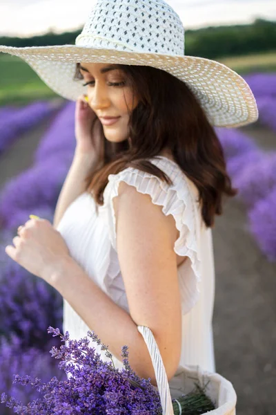 Chica Sombrero Lavanda Girl Recoger Lavender Soft Foco Serie — Foto de Stock